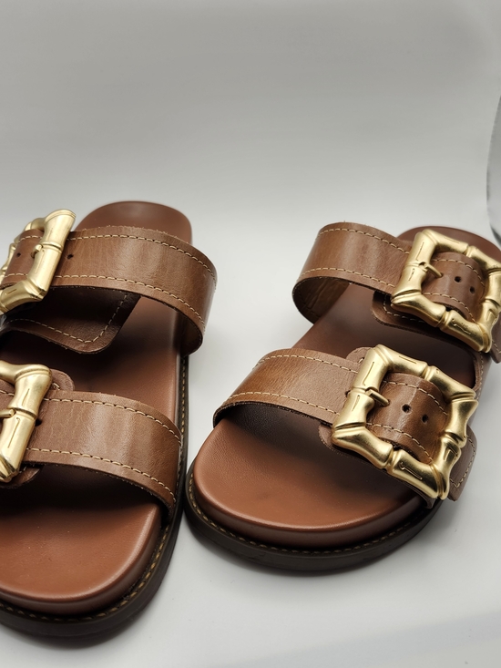 SCHUTZ Shoes - Brown Leather Double-Buckle Slide Sandals with Gold Buckles LIKE NEW